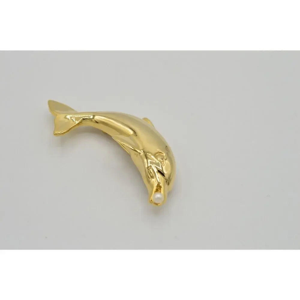 Vintage Figural Dolphin Pin Brooch Pearl Gold Tone 2.5